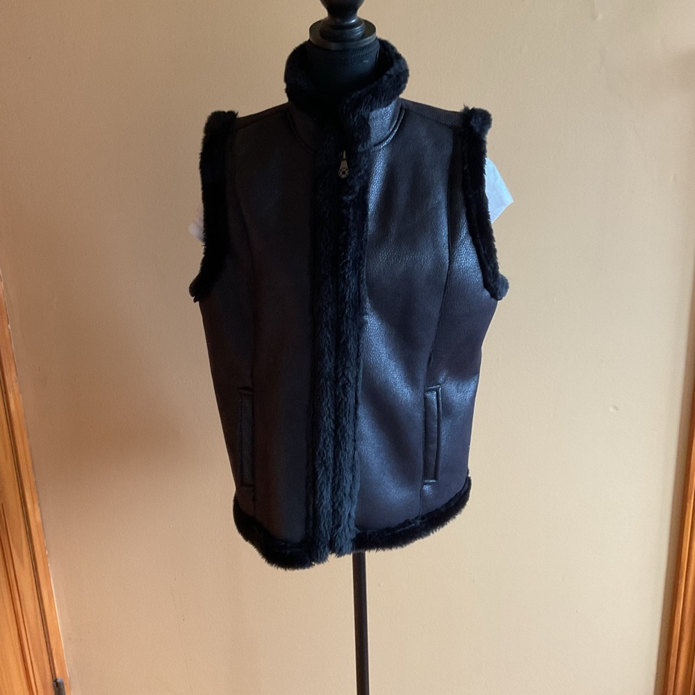 Jaclyn Smith Black Faux Fur Lined Vest Vegan FauxSuede Snake Leather Vest Size L